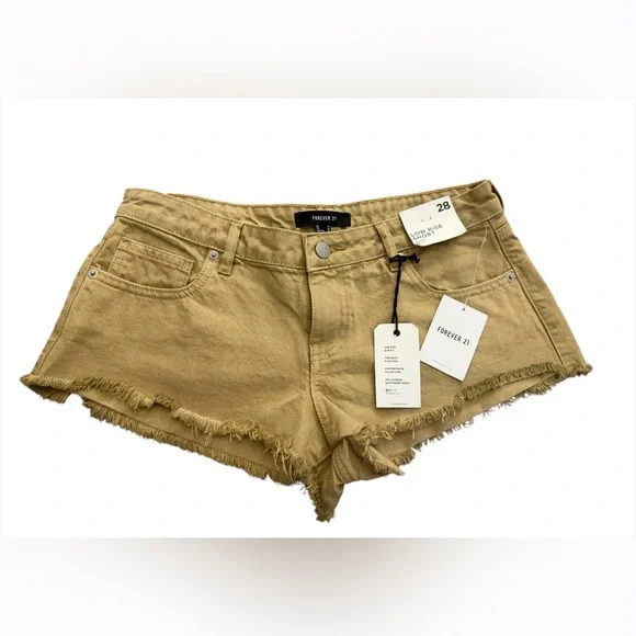 FOREVER 21 Frayed Khaki Tan Denim Cut Off Low Rise Shortie Shorts Women's Sz 28 - Picture 1 of 4